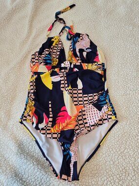Bold Abstract Geometric & Tropical Print Halter One-Piece Swimsuit - Size XL